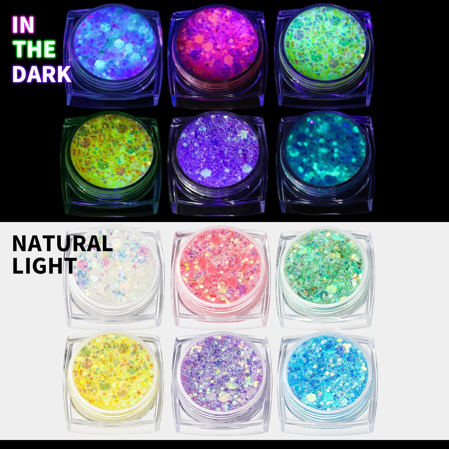 Detalle 2 de Teenitor 6-Color Glow in the Dark Glitter Gel (Face, Body, Hair)
