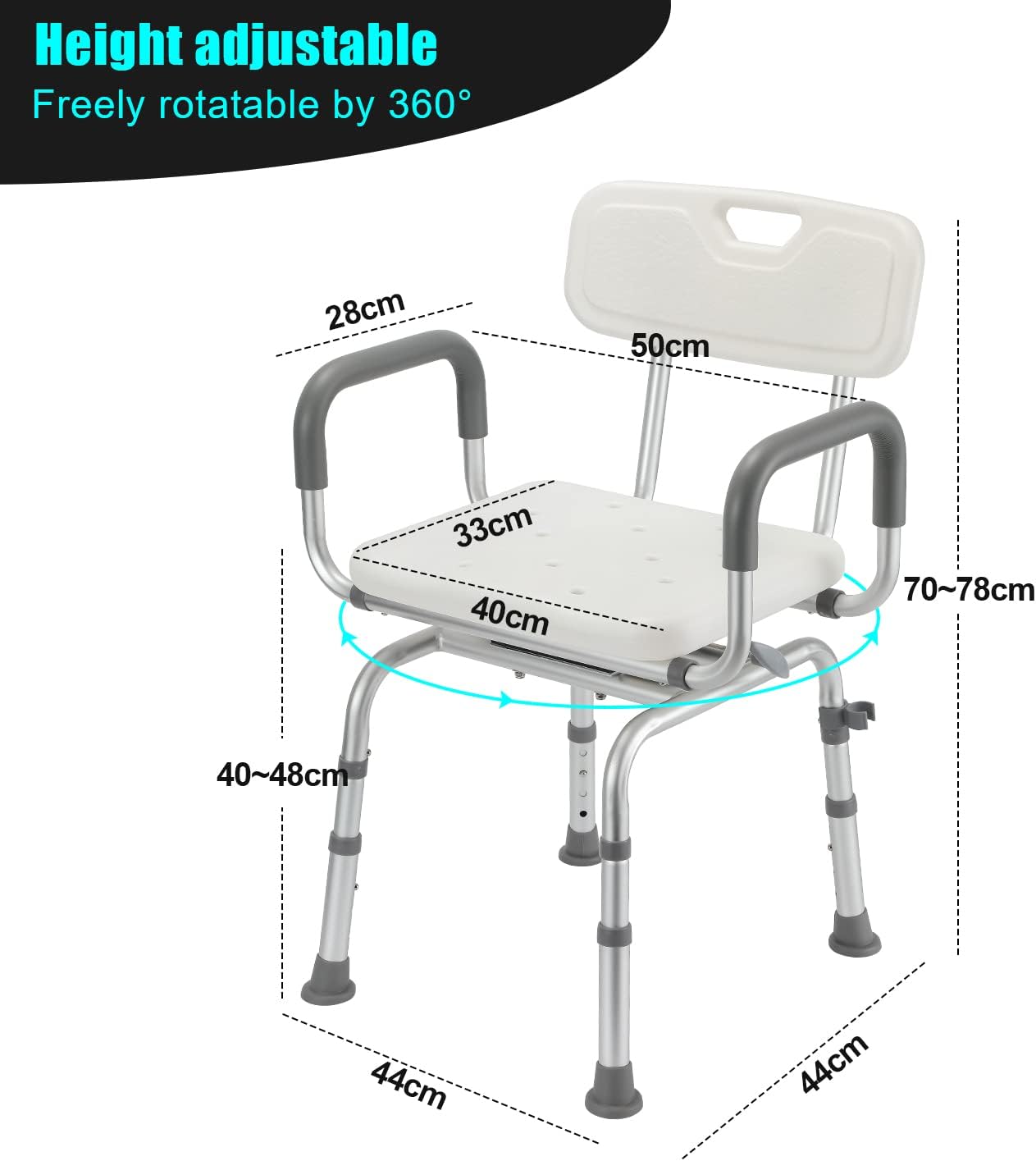 Thumbnail 1 de Sonnewelt sgabello da doccia girevole a 360° con schienale, bracciolo e altezza regolabile 40–48 cm