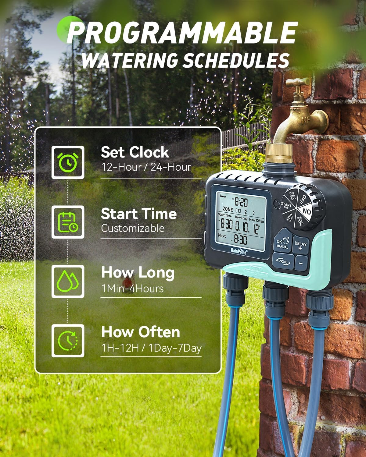 Thumbnail 3 de RAINPOINT Centralina Irrigazione a 3 uscite con display LCD e timer automatico (manuale/ritardo pioggia)