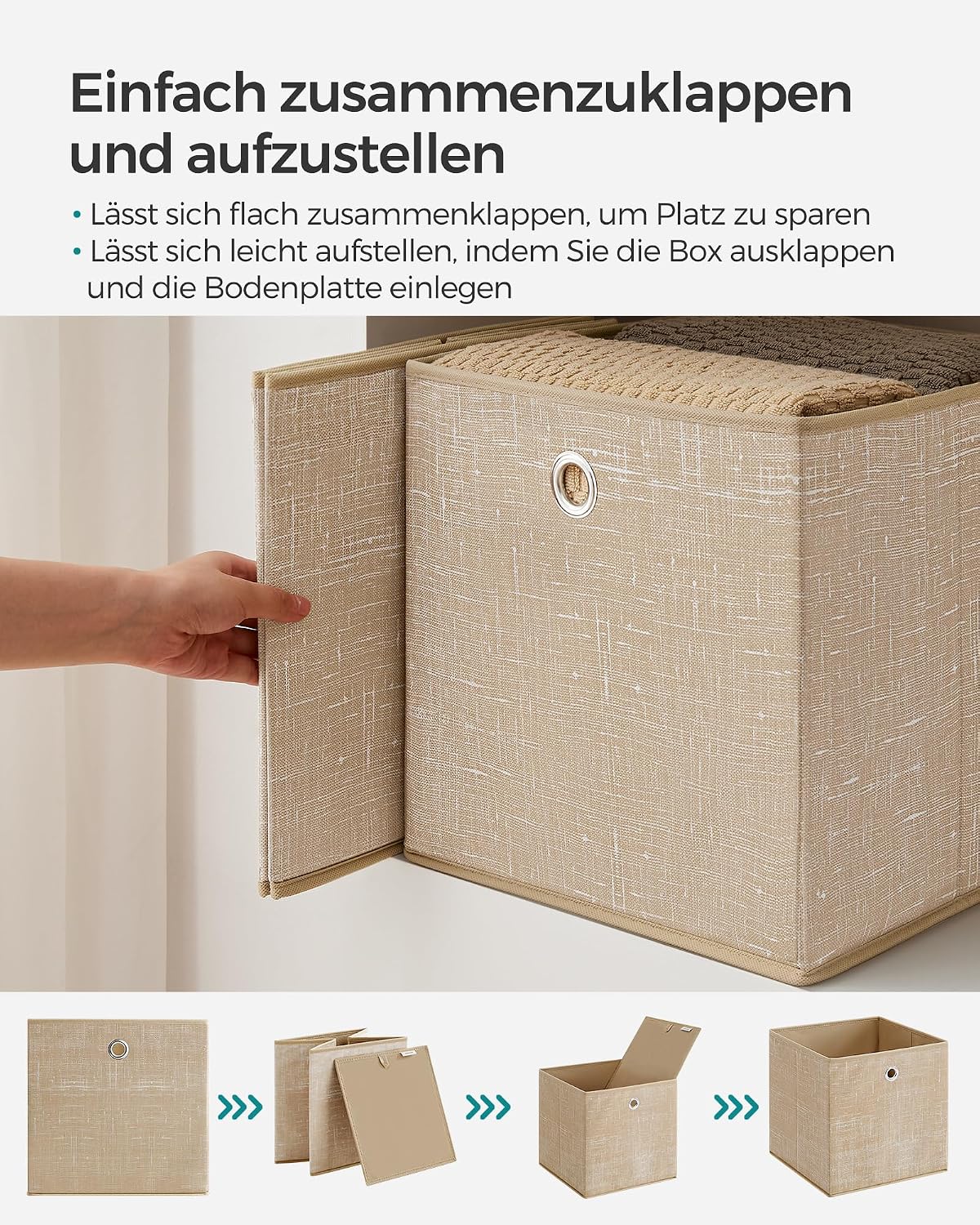 Detalle de SONGMICS Aufbewahrungsbox 6er Set – stabile Stoffboxen aus Vliesstoff, 30 x 30 x 30 cm, sandbeige