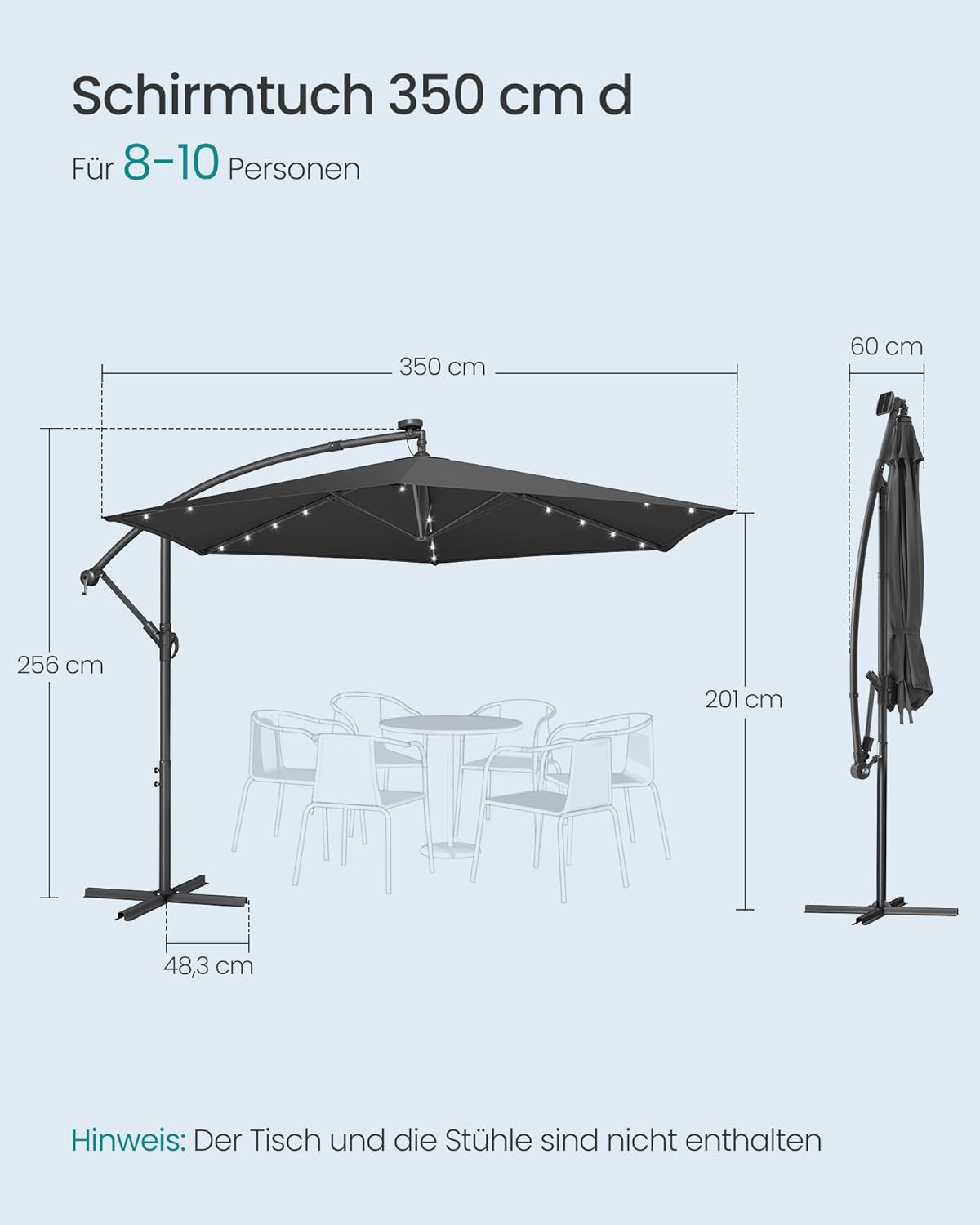 Thumbnail 5 de SONGMICS Ampelschirm 350 cm mit LED-Solar-Beleuchtung, 32 LEDs, UPF 50+, Kurbel und Ständer (grau) GPU119GZ01