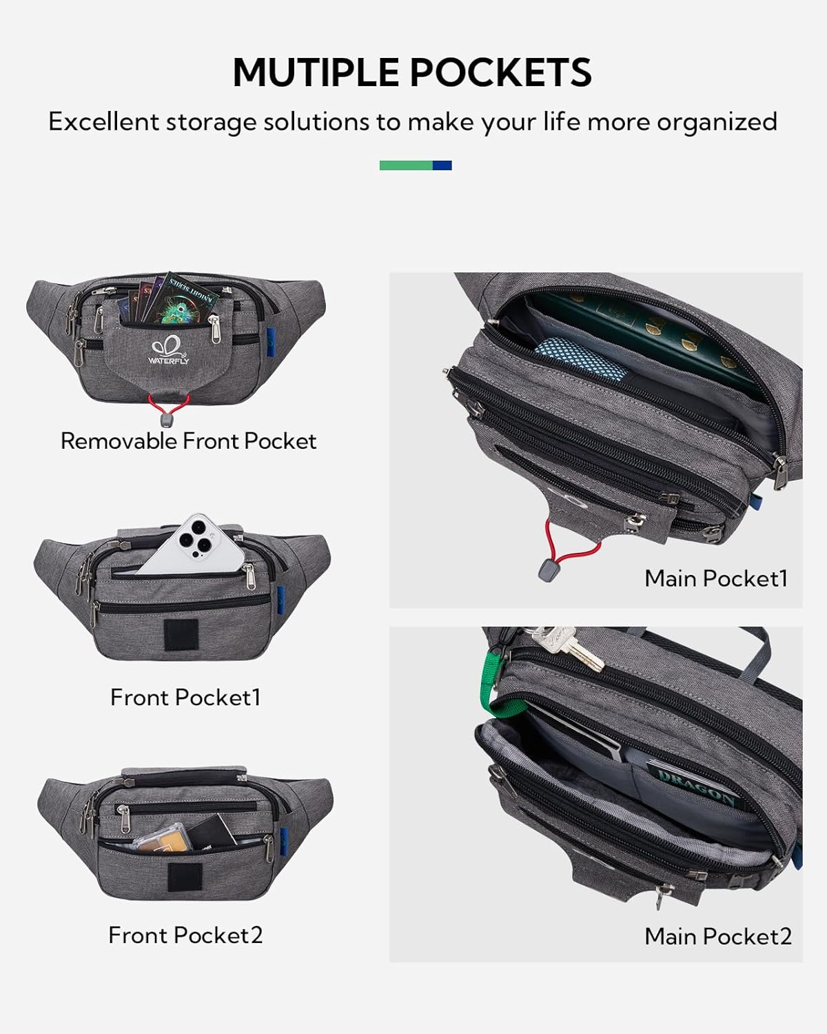 Thumbnail 4 de WATERFLY Bauchtasche Gürteltasche – Unisex, 5 Reißverschlussfächer, verstellbarer Gürtel, 39×19×9 cm