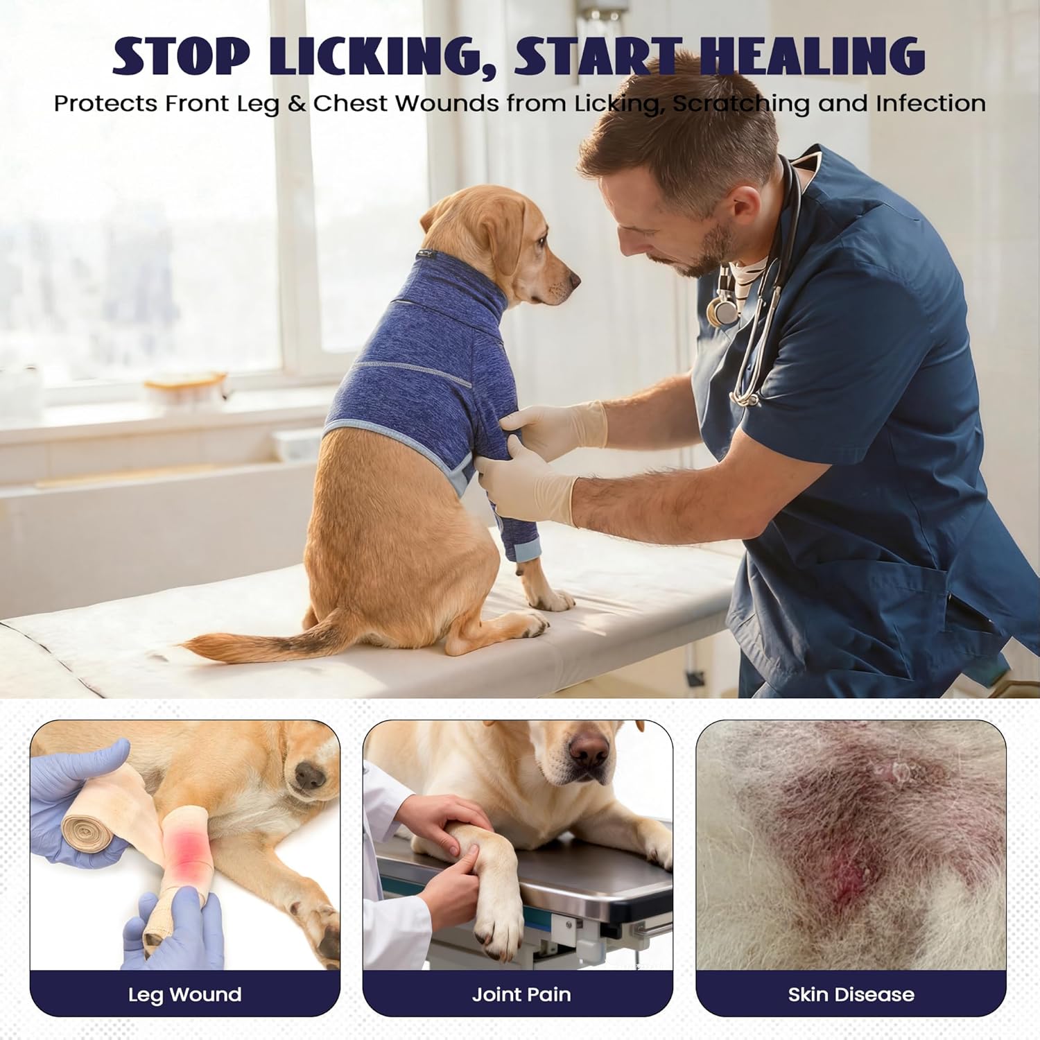 Thumbnail 5 de OUOBOB Dog Surgery Recovery Suit – Front Leg & Chest Wound Healing, Blue, L