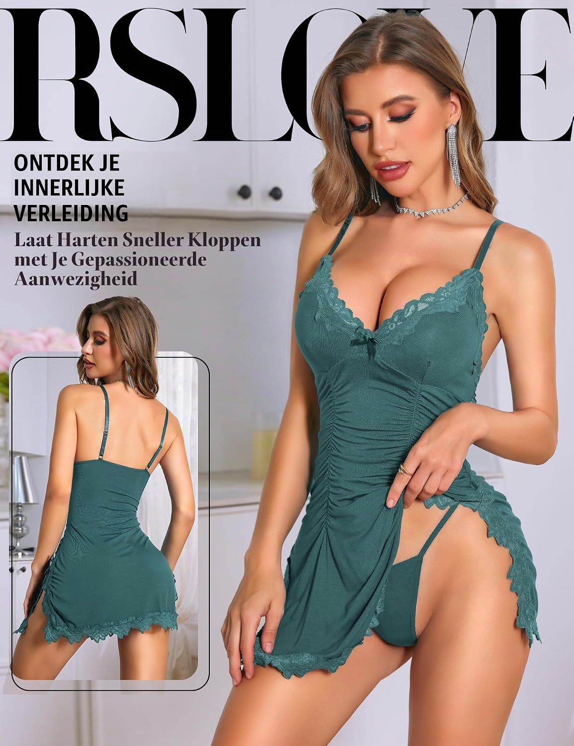 Detalle 2 de RSLOVE kanten babydoll voor dames met plooidetails en hoge zijsplit