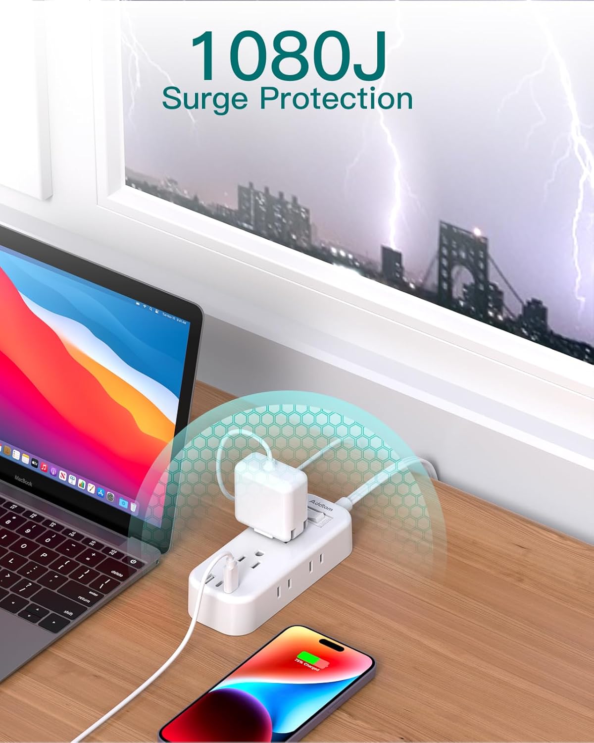 Thumbnail 6 de Extension Cord 15 ft Power Strip Surge Protector with 6 AC Outlets and 3 USB Ports (2 USB-C)