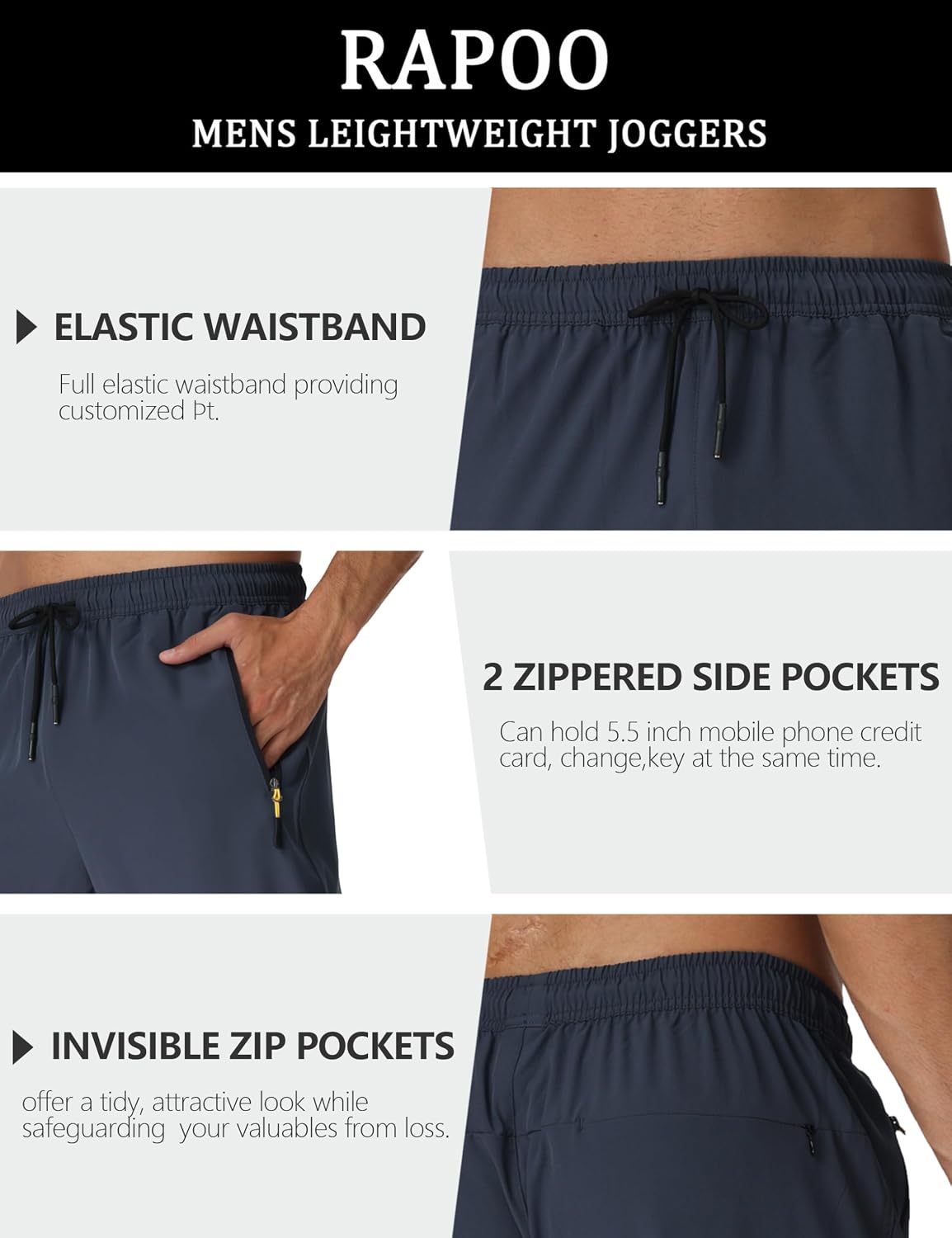 Detalle de Rapoo Lightweight Men’s Hiking Pants, Quick-Dry Stretch Joggers