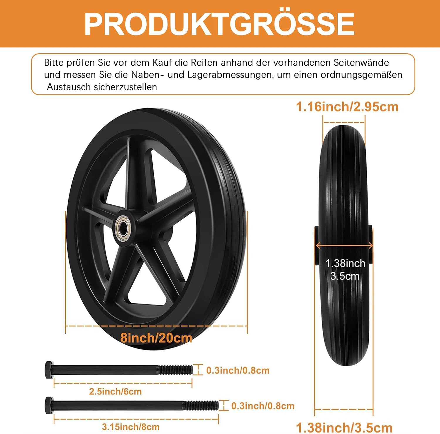 Detalle de SAICOOS 2 Stück Ersatzräder 200 mm – solide PU-Reifen mit rutschfester ABS-Radnabe