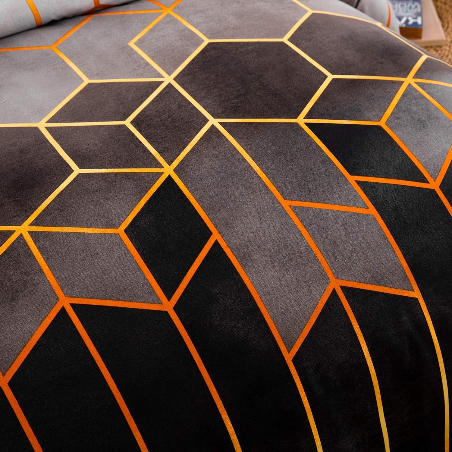 Thumbnail 6 de DJY Geometric Diamond duvet cover set in soft microfiber (Golden stripes, reversible) – Double