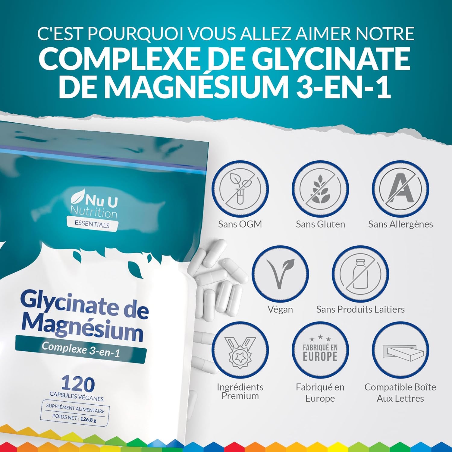 Thumbnail 5 de Nu U Nutrition Magnésium Glycinate 3-en-1 Complex 1813 mg - 120 capsules