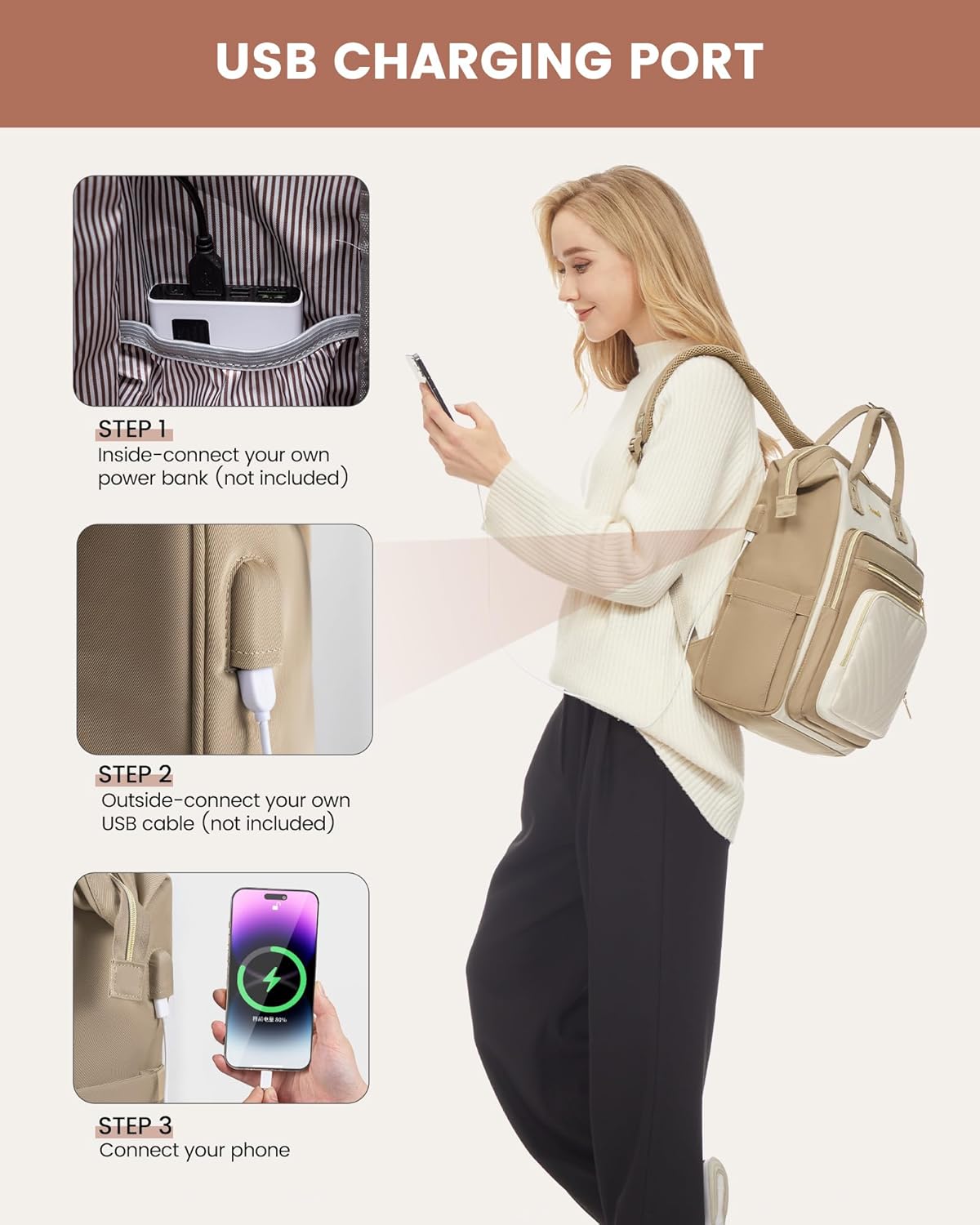 Thumbnail 6 de LOVEVOOK Sac à dos portable pour femme – A-kaki et beige, 15,6 Zoll, décontracté