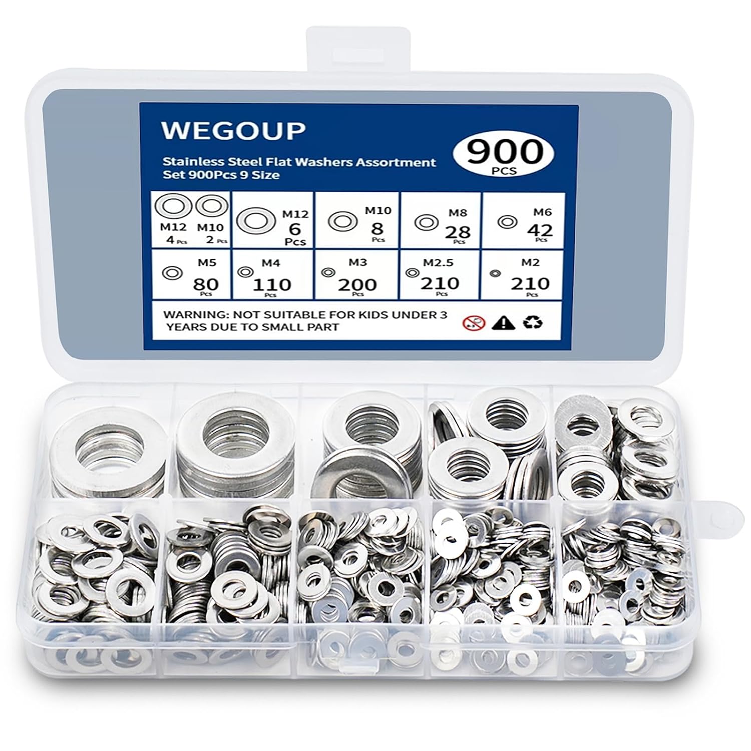 Detalle de WEGOUP 900-Piece Flat Washer Assortment, 304 Stainless Steel, 9 Sizes