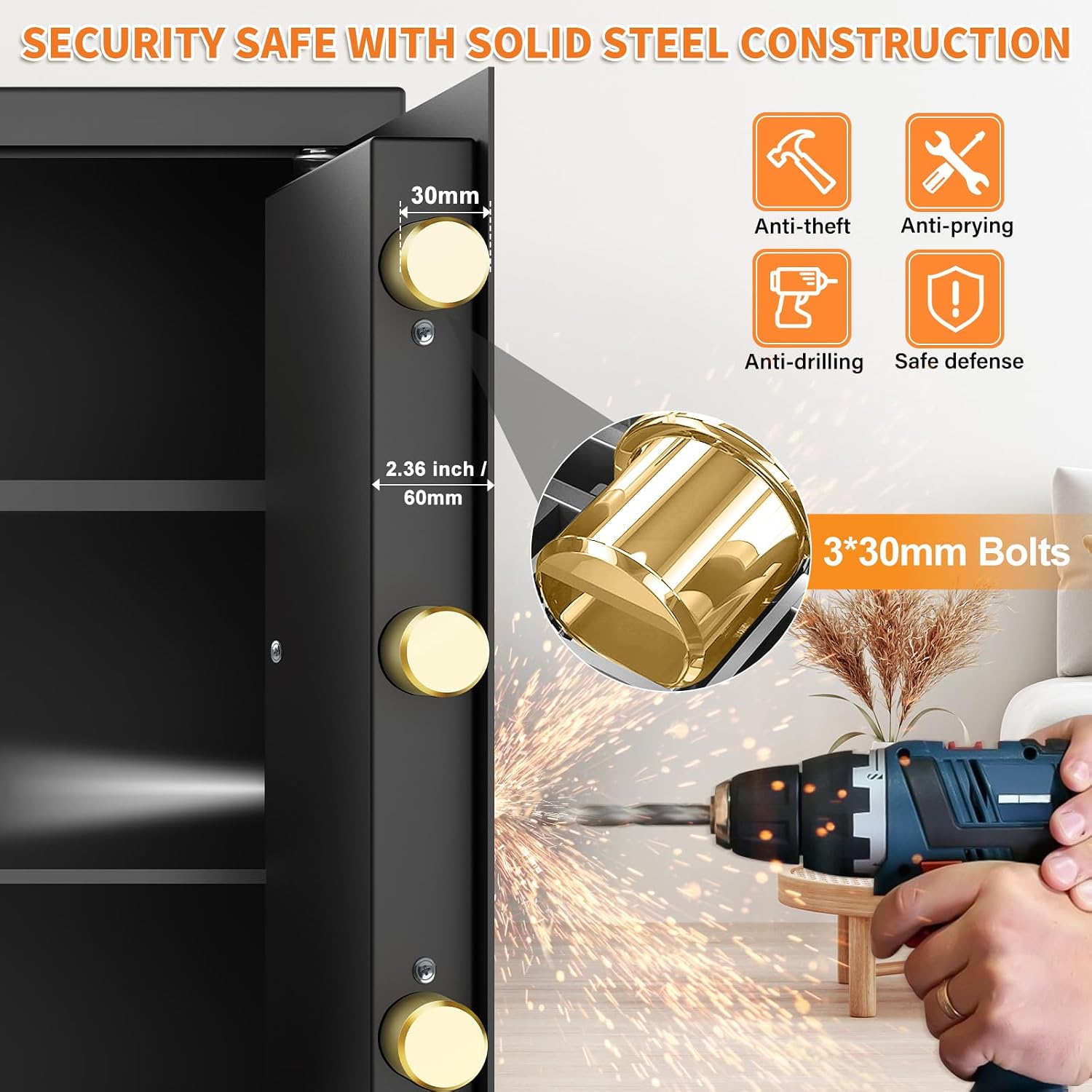 Detalle de Mejasg Safe „Tresor Safe Tresor Feuerfest“ 75 L mit Alarmanlage, digitalem Zahlenschloss & feuerfester Dokumententasche