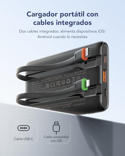 Detalle de VEGER Power Bank con cables integrados (10000mAh) | Carga rápida 22,5W