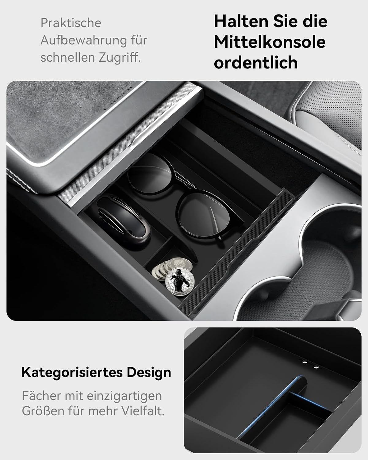 Detalle de VIHIMAI 4-teiliges Mittelkonsolen-Organizer-Set für Tesla Model Y 2025 Juniper (Schwarz) mit Unterteilungen