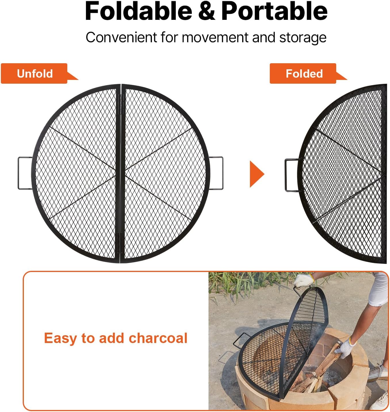 Detalle de VEVOR JY-MY-YKW36-ZD 36-Inch Foldable Steel Fire Pit Grill Grate