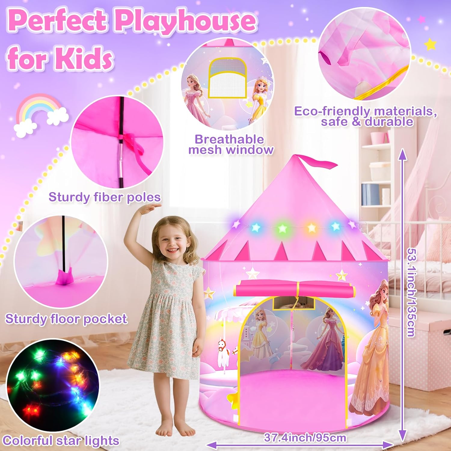 Thumbnail 1 de Princess pop up play tent for girls aged 3–7, foldable teepee with princess design and LED star light