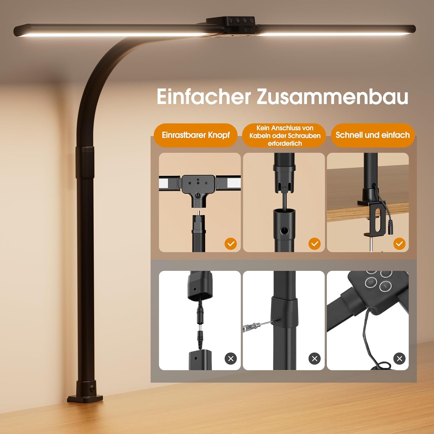 Thumbnail 5 de SIBRILLE LED-Schreibtischlampe mit Doppelkopf, dimmbar & klemmbar (Schwanenhals), Schwarz