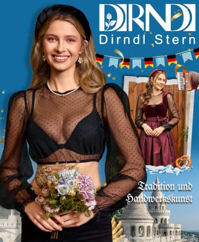 Detalle 1 de DIRNDLSTERN Dirndlbluse Langarm – transparente Punkte, Puffärmel, Oktoberfest
