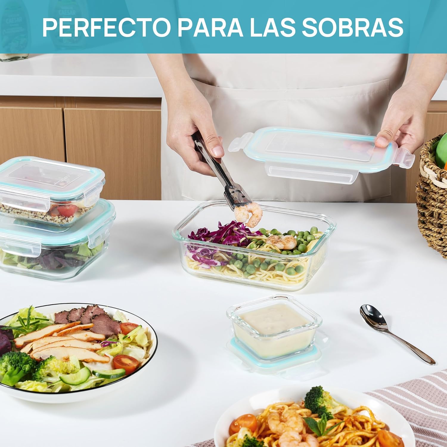 Detalle 2 de Vtopmart set de 8 recipientes de cristal para alimentos (herméticos, apilables y reutilizables)