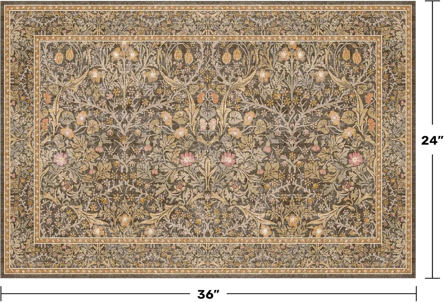 Detalle 2 de Brown Washable Entry Rug - Front Door Throw Rug (2x3) with Non-Slip Backing, Vintage Floral Boho Kitchen & Bathroom Mat