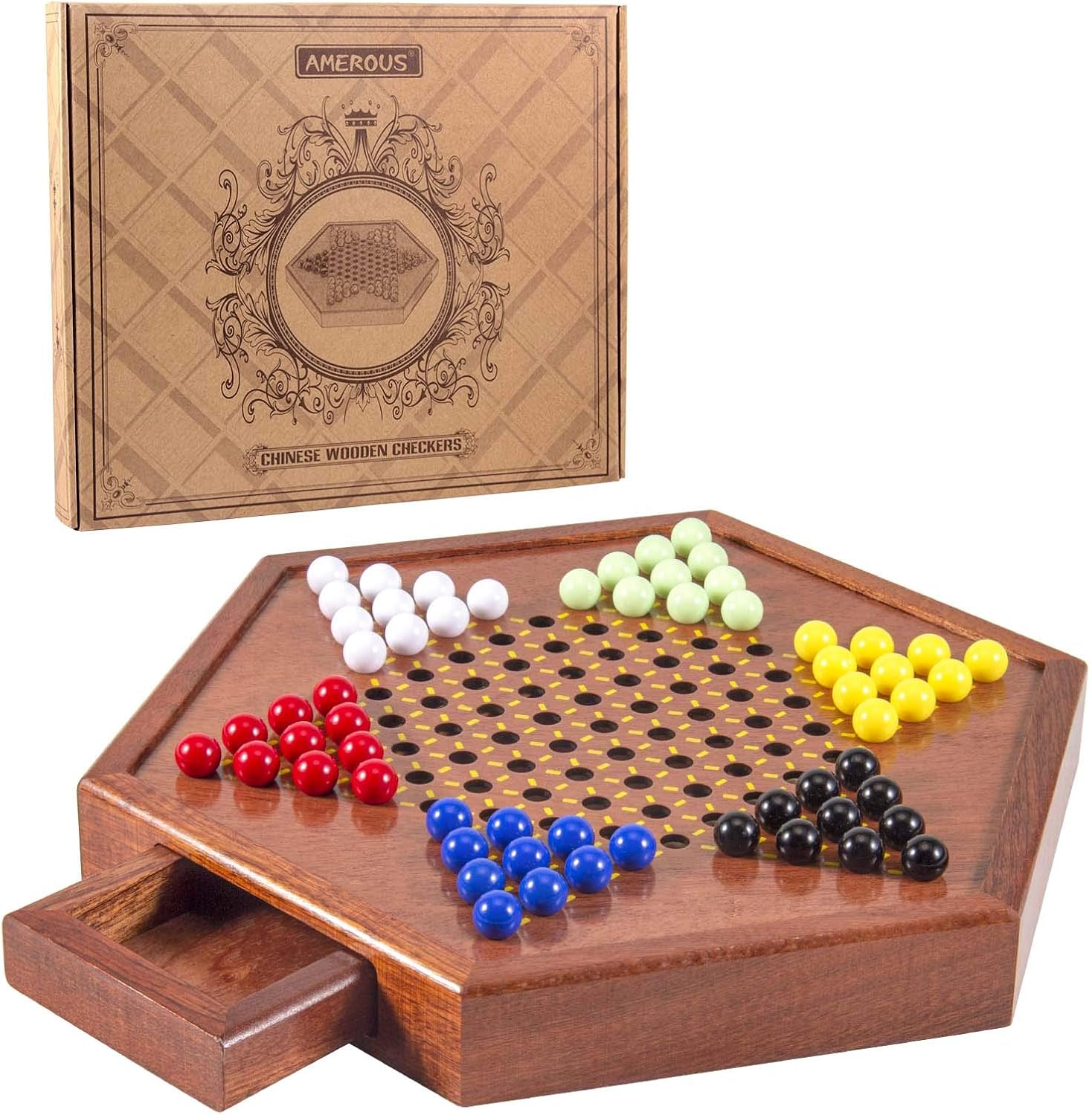 Detalle de AMEROUS 12.5-Inch Wooden Chinese Checkers Set with Storage Drawer (60 Acrylic Marbles + 12 Spare)