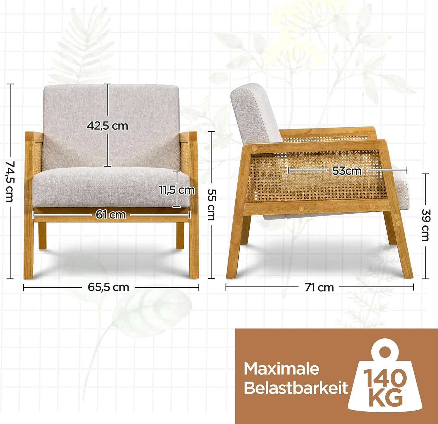 Detalle de Yaheetech Poltrona reclinabile da salotto con braccioli in rattan e cuscini imbottiti, fino a 140 kg