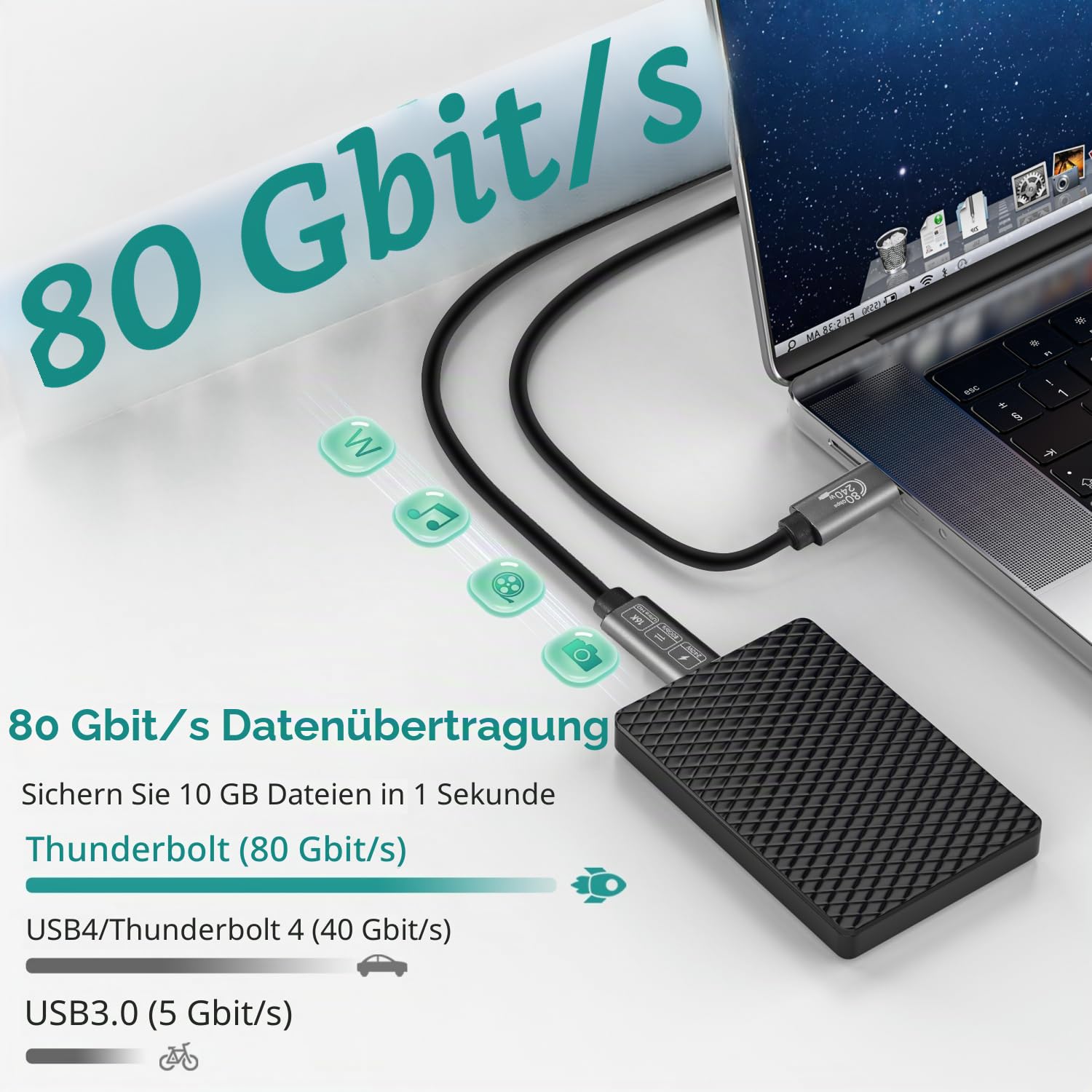 Detalle 2 de ConnBull Thunderbolt 5 Kabel, 0,5 m – 240 W, 80 Gbps, USB-C zu USB-C