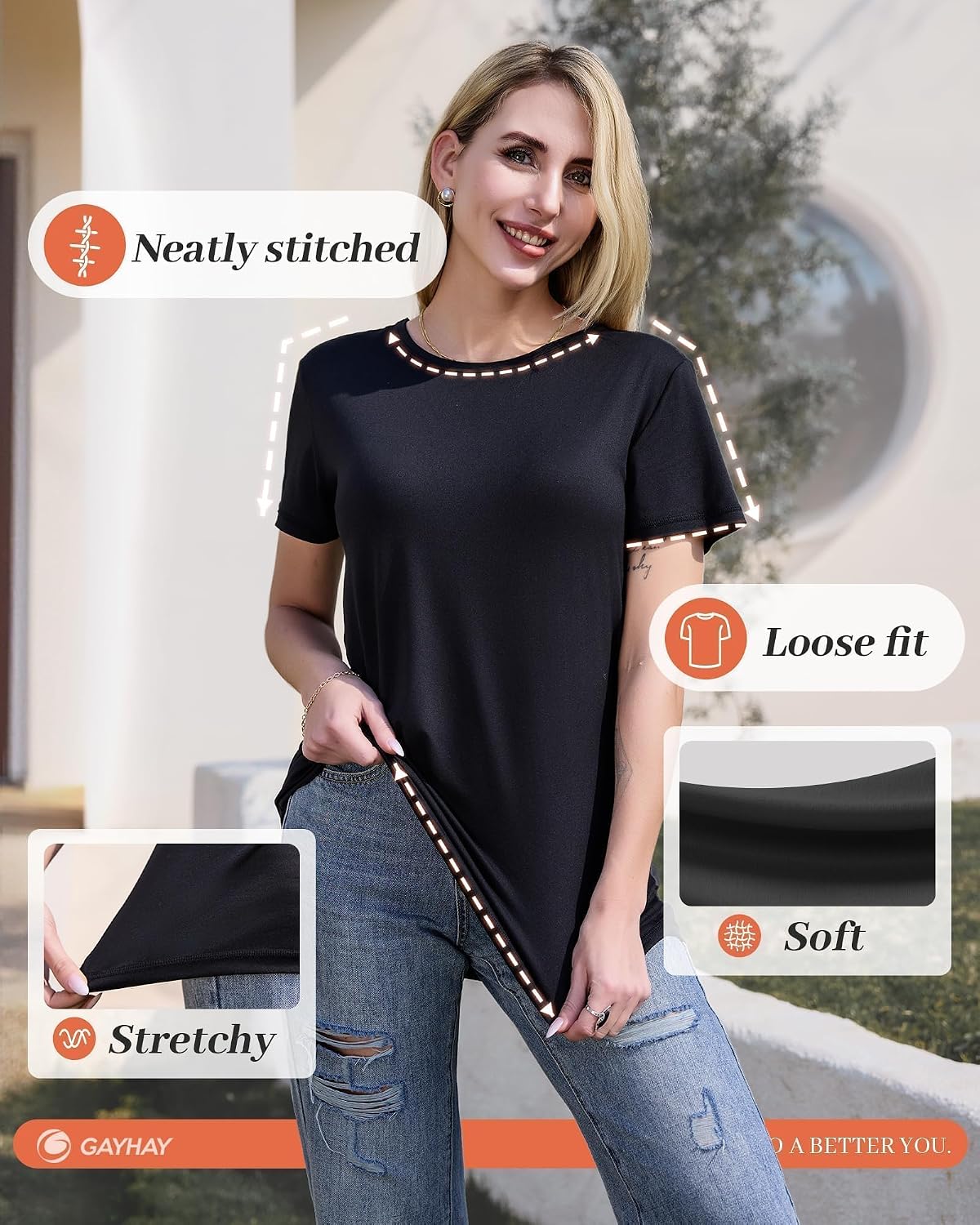 Detalle de GAYHAY 3-Pack Women’s Short-Sleeve T-Shirts (Crew Neck) — Soft Basic Tees for Everyday Wear