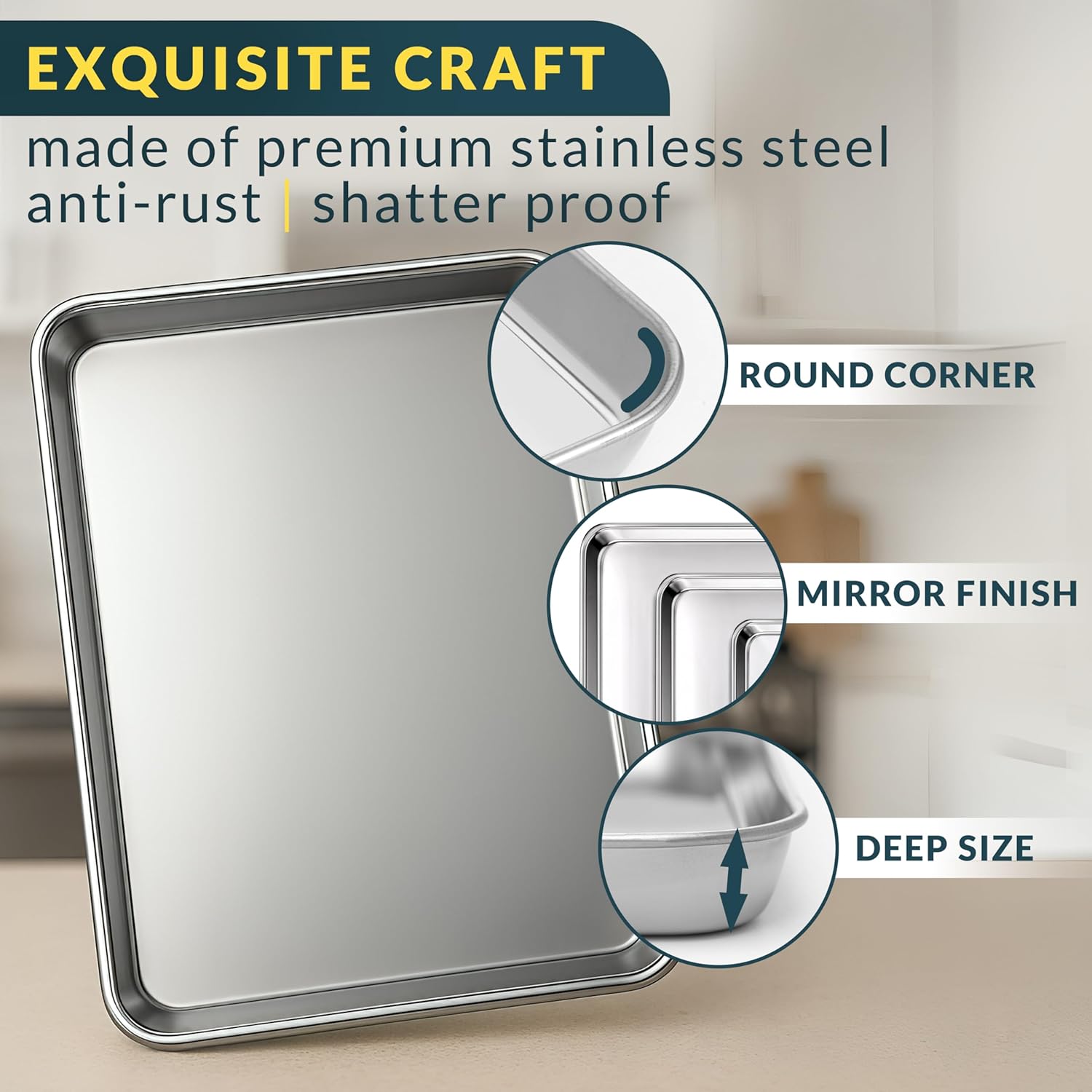 Detalle de Baker’s Signature Stainless Steel Cookie Sheet Pan Set (3-Piece) — Mirror Finish, Non-Stick, BPA Free