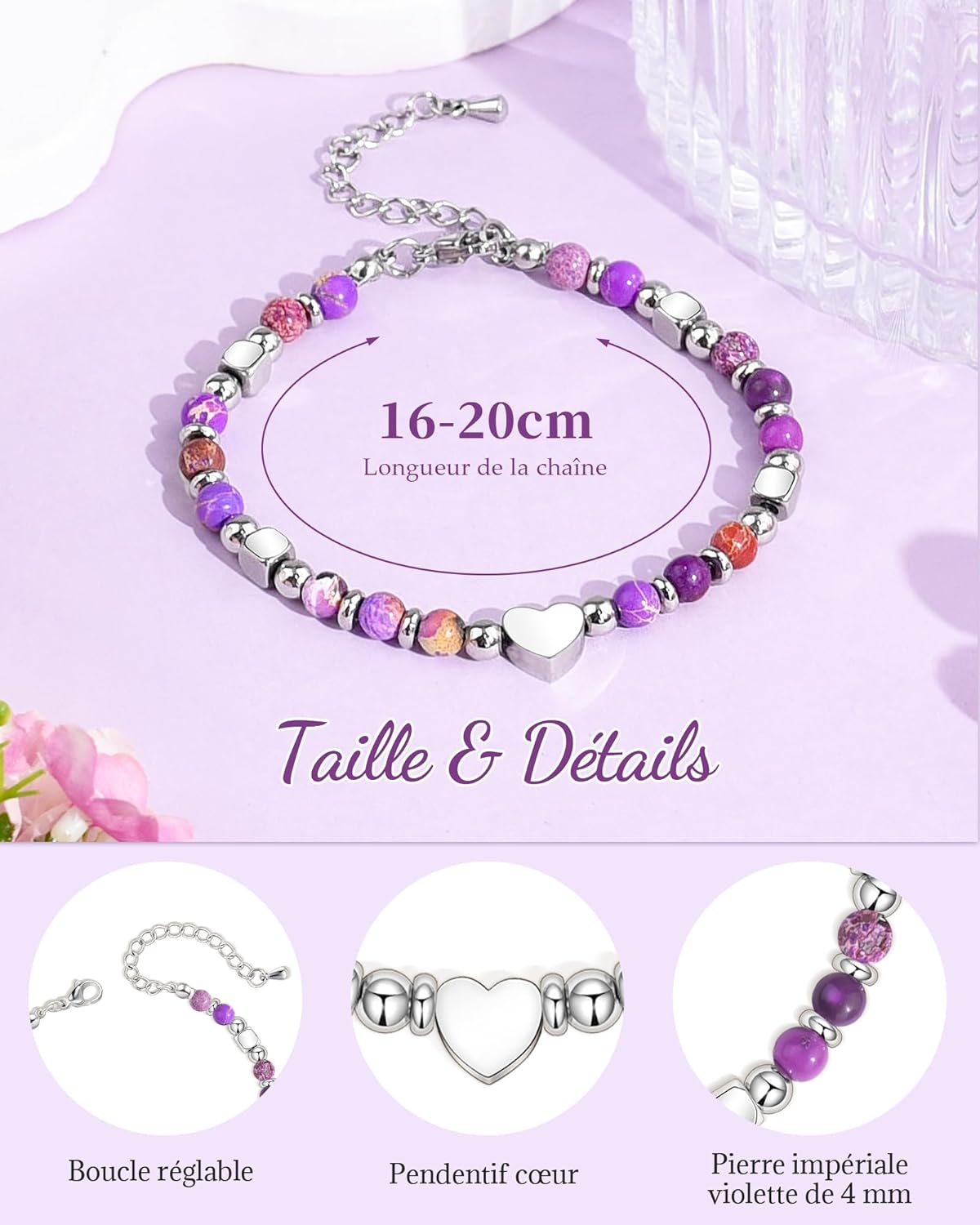 Thumbnail 4 de Bracelet personnalisé Seyaa en pierre naturelle, cœur, croix et trèfle à 4 feuilles – cadeau anniversaire fille et femme