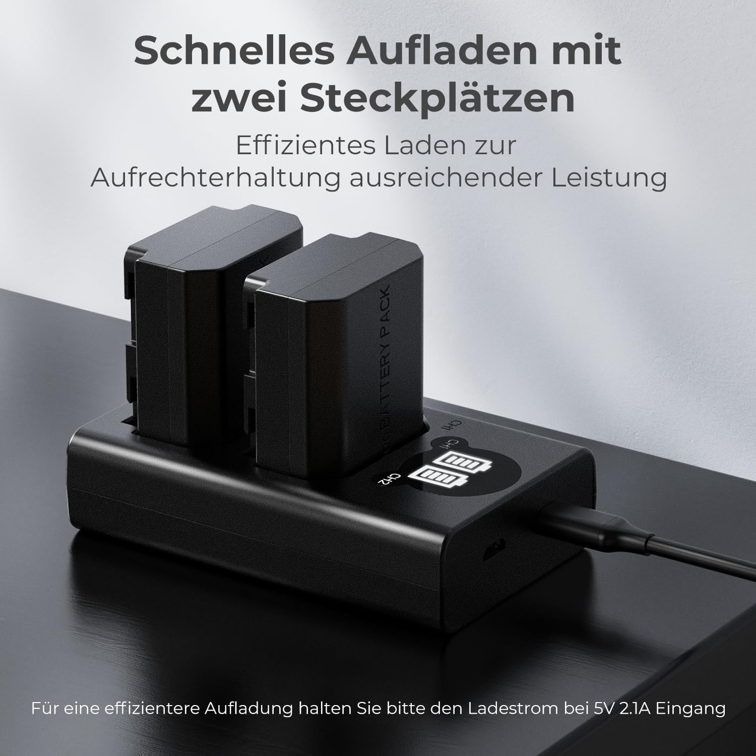 Detalle 2 de K&F CONCEPT NP-FZ100 Dual-Slot Ladegerät mit LED-Anzeige (Type-C & Micro-USB) für Sony Alpha