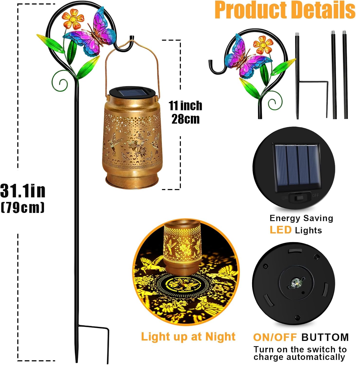 Thumbnail 5 de Yeuago Hummingbird Solar Lantern with Butterfly Shepherd Hook – Outdoor LED Garden Decor
