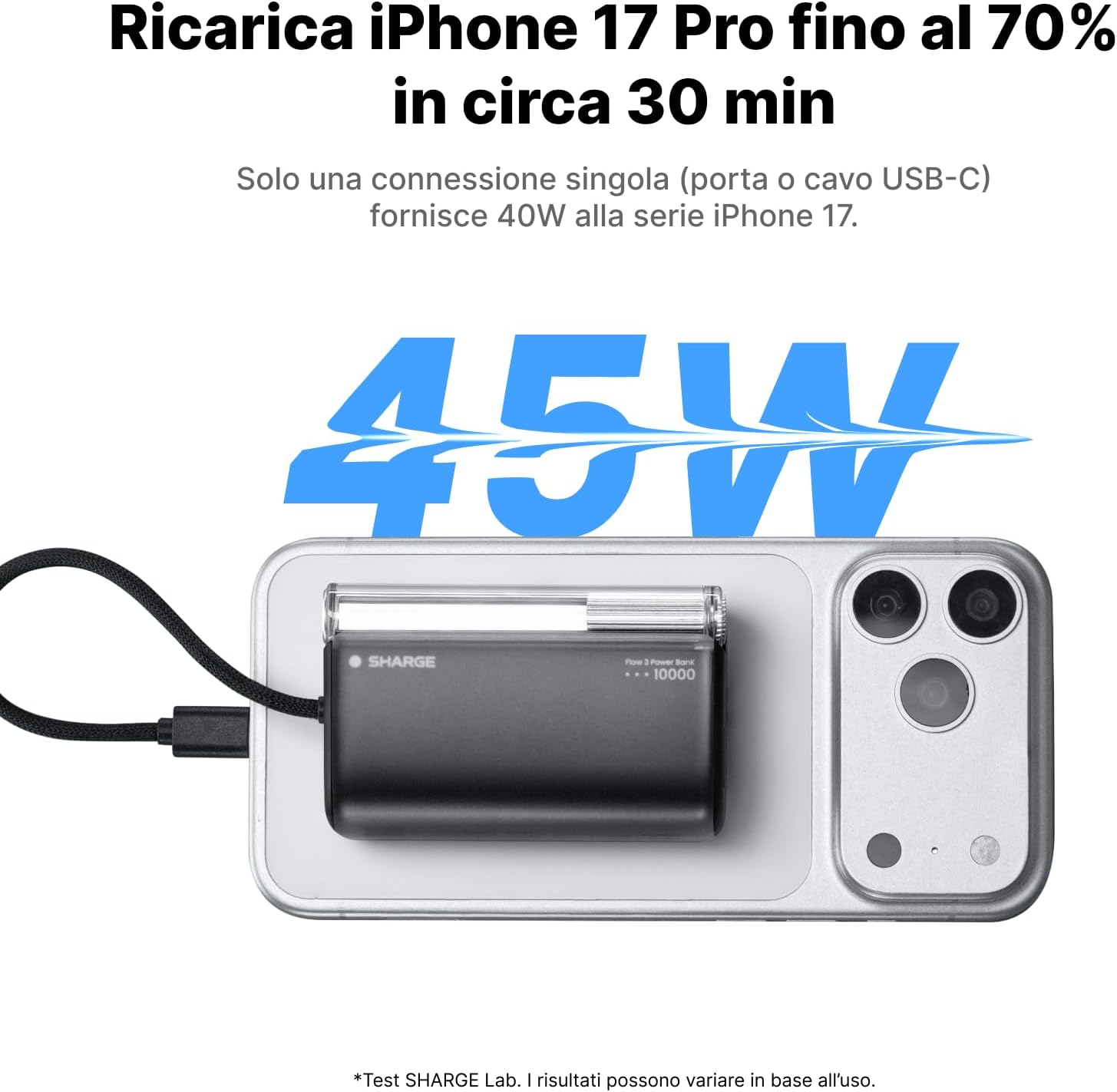 Detalle de sharge 45W Schnelllade Mini Powerbank 10000mAh: carica rapida e design compatto con cavo integrato