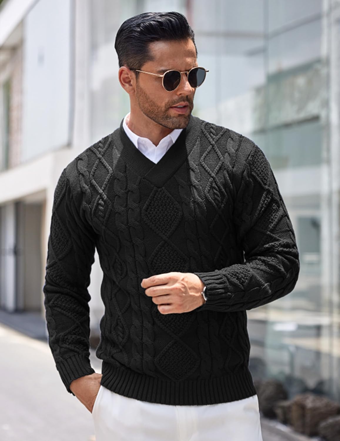 Detalle 2 de COOFANDY Maglione Slim Fit Scollo V Treccia