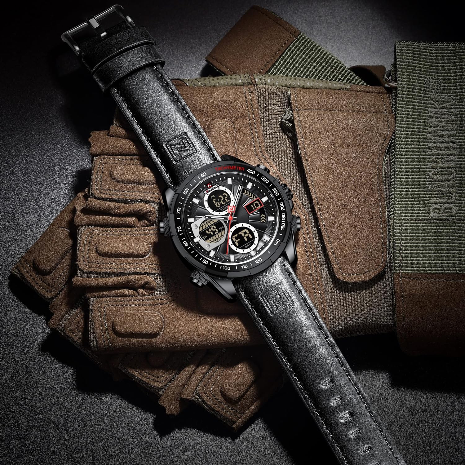 Detalle de Naviforce Herren Militär Digitaluhr – Multifunktionale Quarzuhr mit Lederarmband