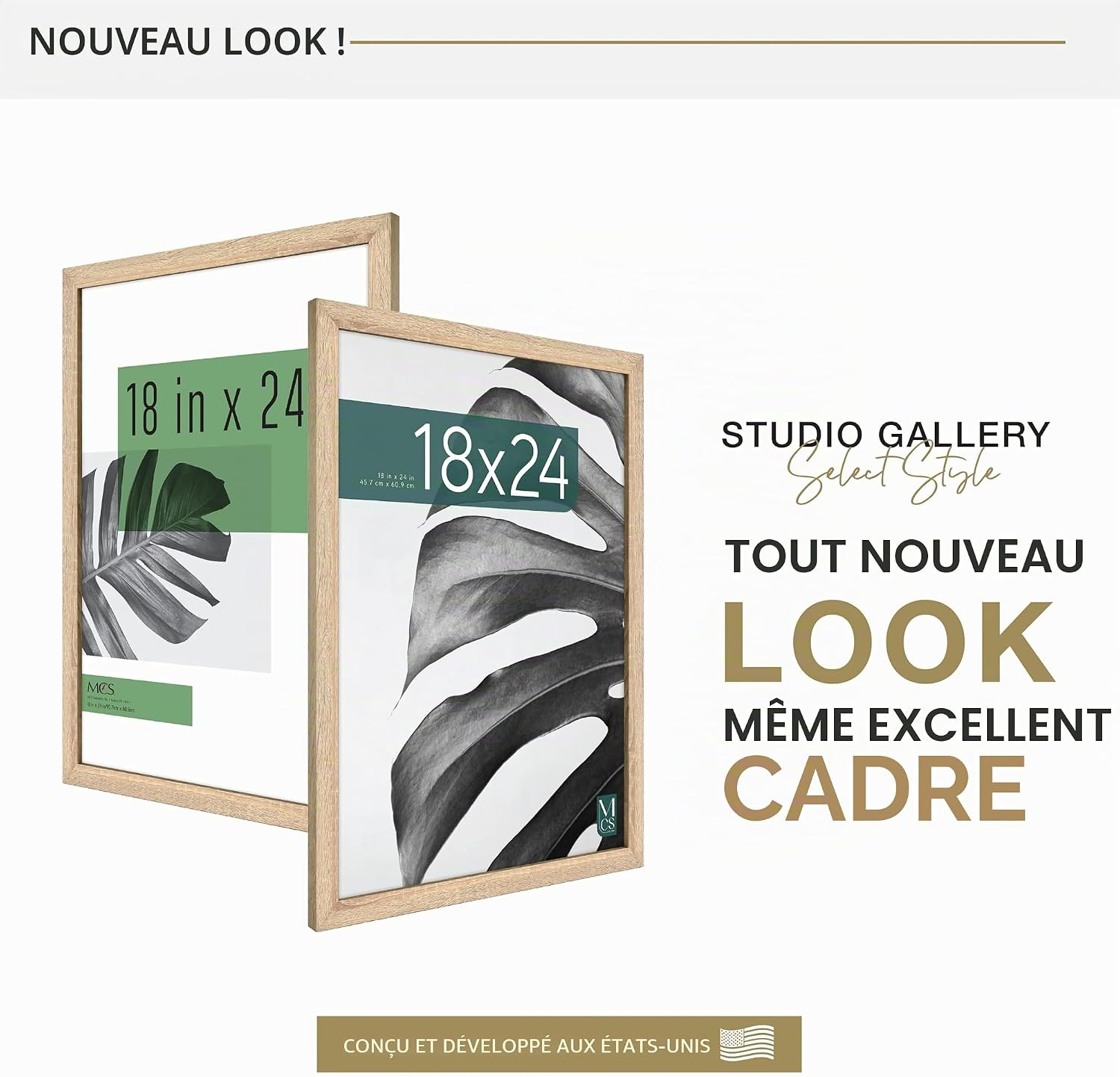 Detalle de MCS Cadre Poster Studio Gallery 45,7 x 61 cm – Cadre bois naturel MDF, fixation murale horizontale ou verticale