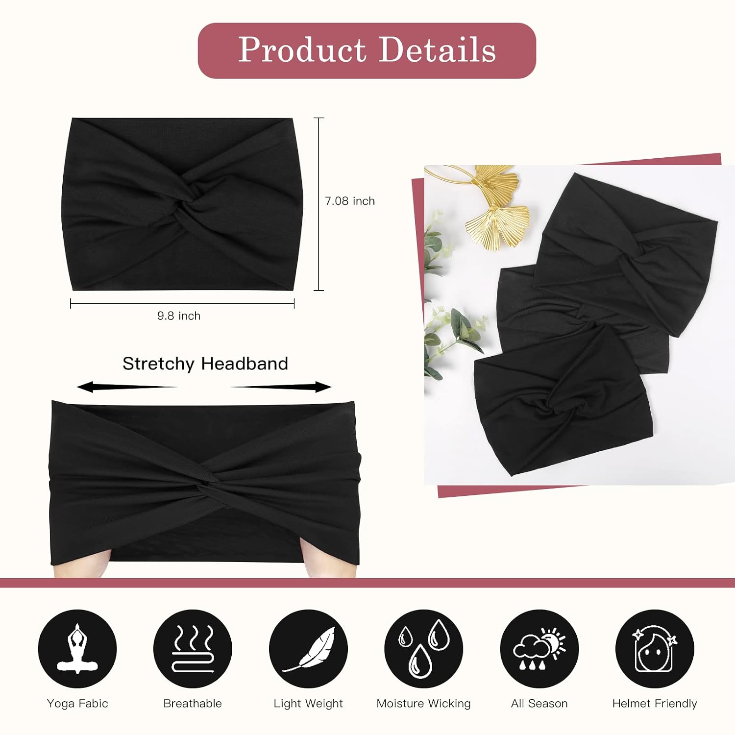 Detalle 2 de Tobeffect Black Wide Headbands For Women, 7-Inch Extra-Wide Turban, 6-Pack