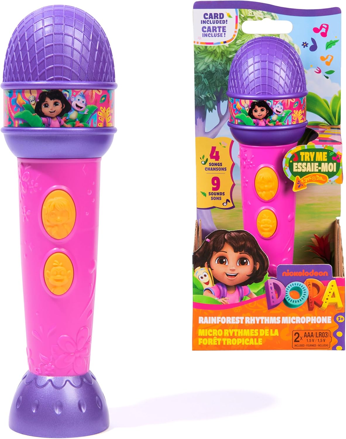 Dora Micro à fonctions de la forêt tropicale – micro musique 18 cm, 4 chansons & 9 sons, bilingue FR/EN
