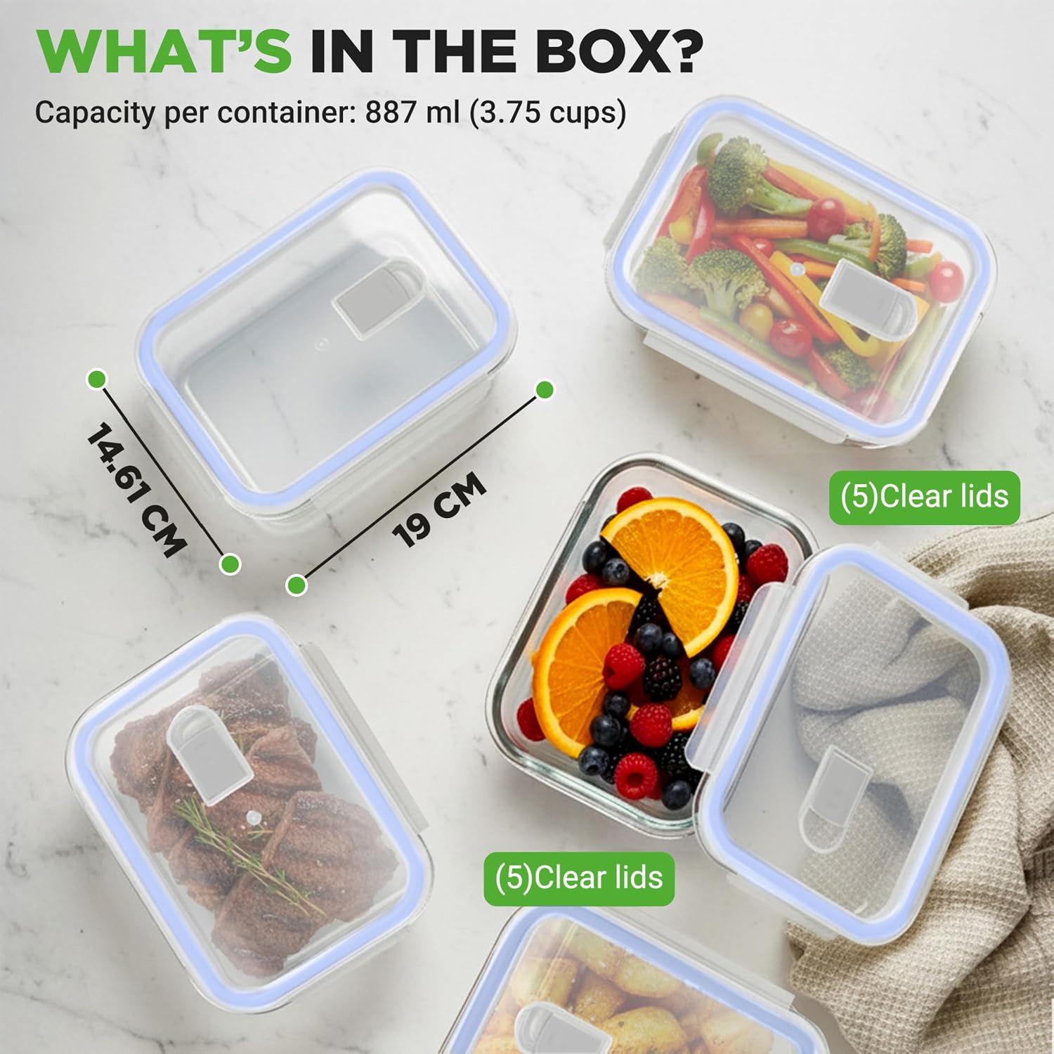 Thumbnail 6 de Nutrichef 1L Borosilicate Glass Food Containers with Lids (5 Pack) – Leakproof, Freezer to Oven Safe