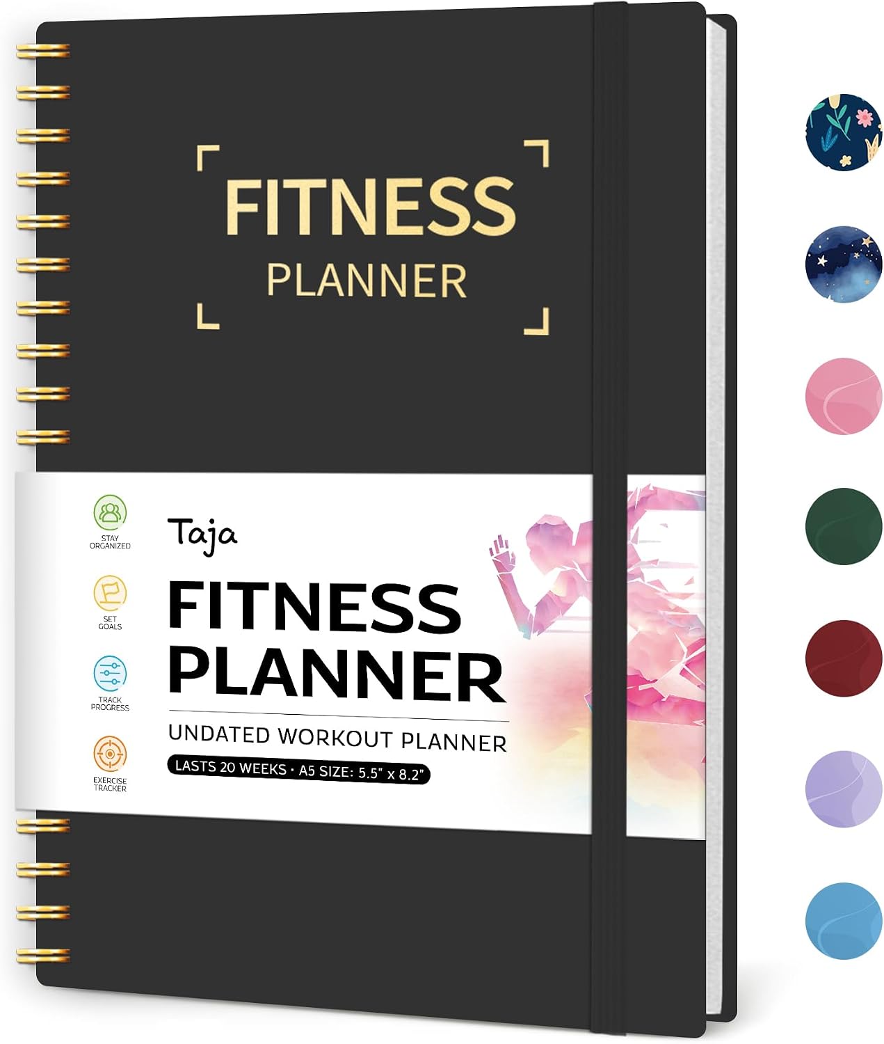 Detalle de Taja T009-Fitness-Black Workout Journal, A5 Undated Planner, 160 Pages