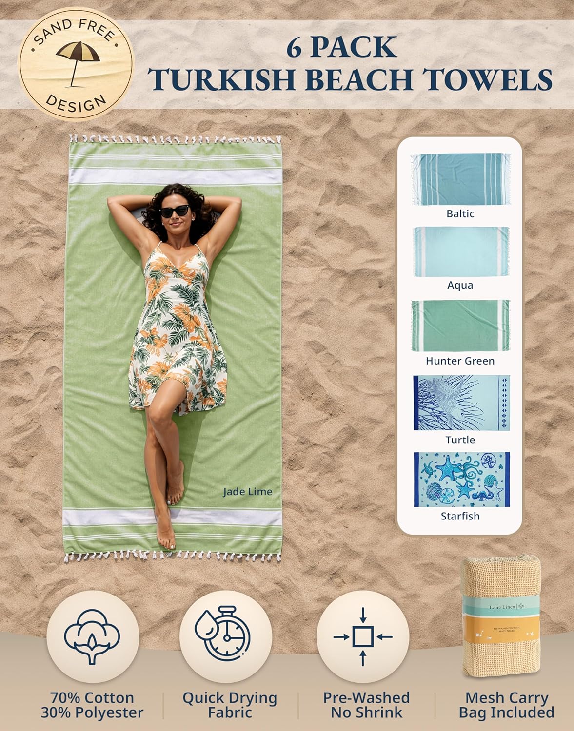 Detalle de Lane Linen Turkish Beach Towels Set of 6: Cotton‑Rich Oversized Sand‑Free Towels (39x71 inches) – Aqua