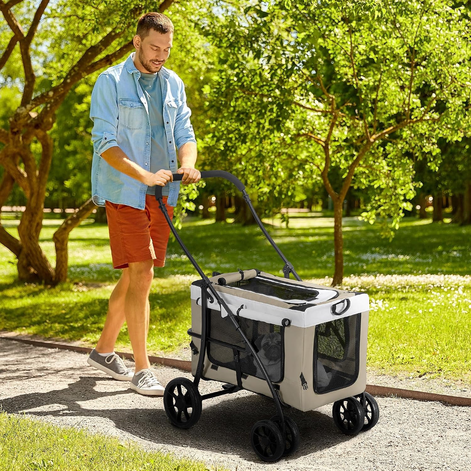 Detalle 2 de PawHut D00-192V00KK hondenbuggy, 2-in-1 met afneembare reiswieg en 600D Oxford-stof