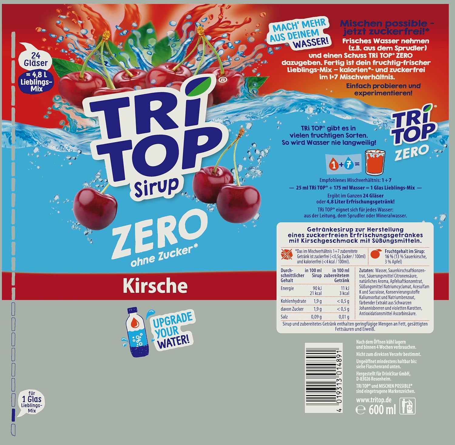 Detalle 2 de TRi TOP ZERO Sirup Set Kirsche, Zitronen-Limette & Orange-Mandarine – 3x600 ml, zuckerfrei