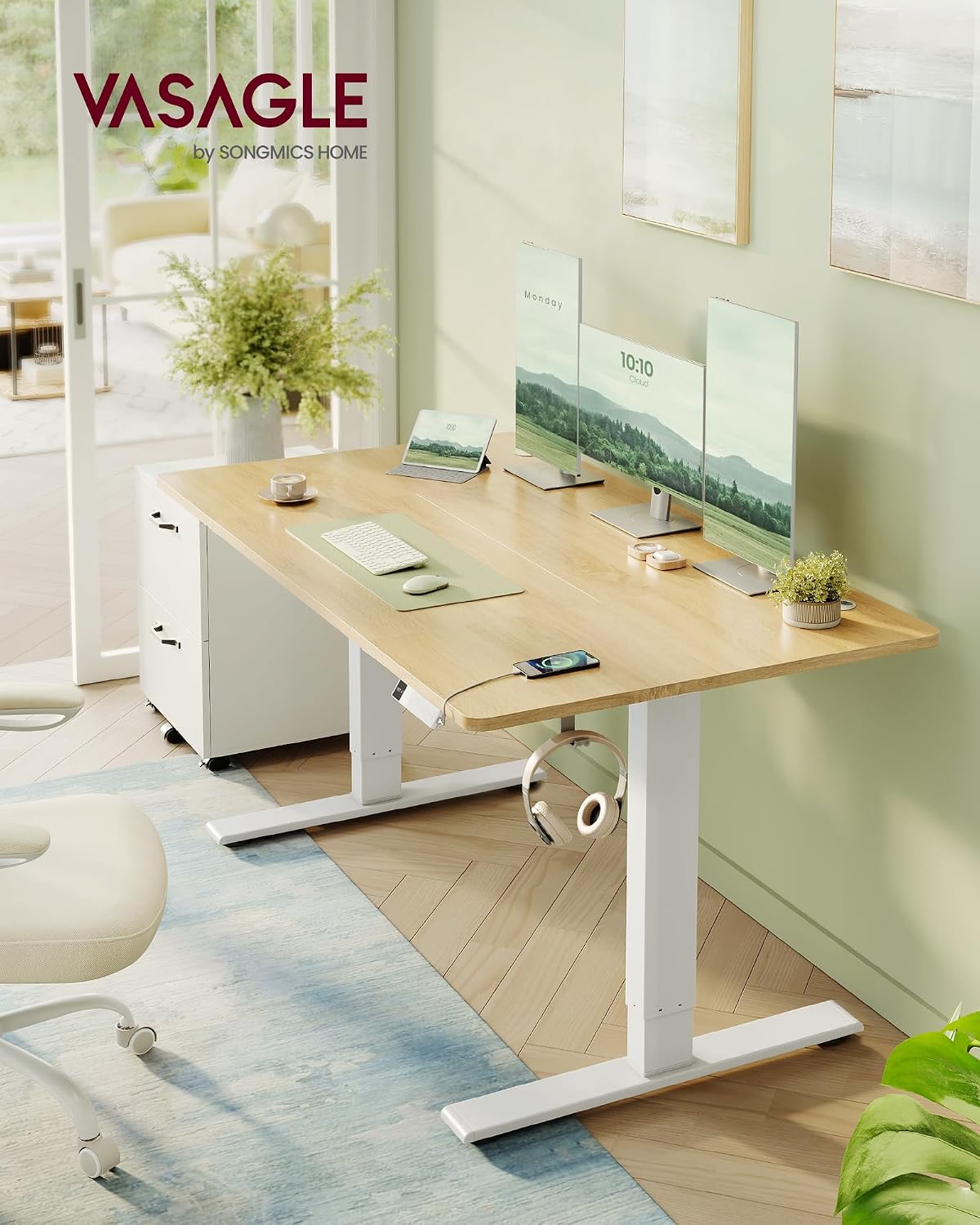 Thumbnail 1 de VASAGLE Electric Standing Desk LSD144YA03: 140 x 80 cm, USB-C, Cable Tray, Golden Oak