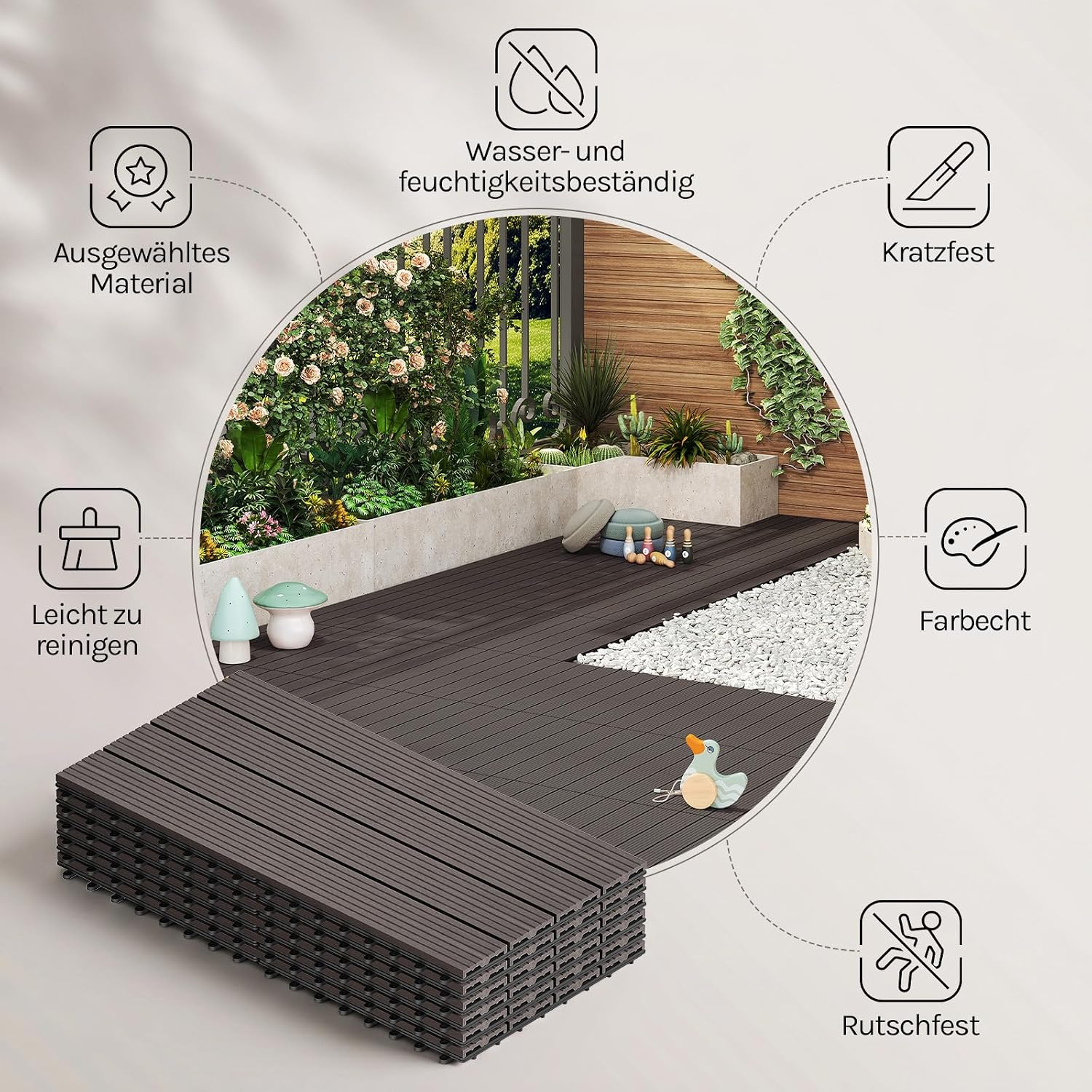 Detalle de WOLTU WPC Fliese Holz-Optik 30 x 60 cm (6 Stück = 1 m²) mit Klicksystem – Terrassenfliese