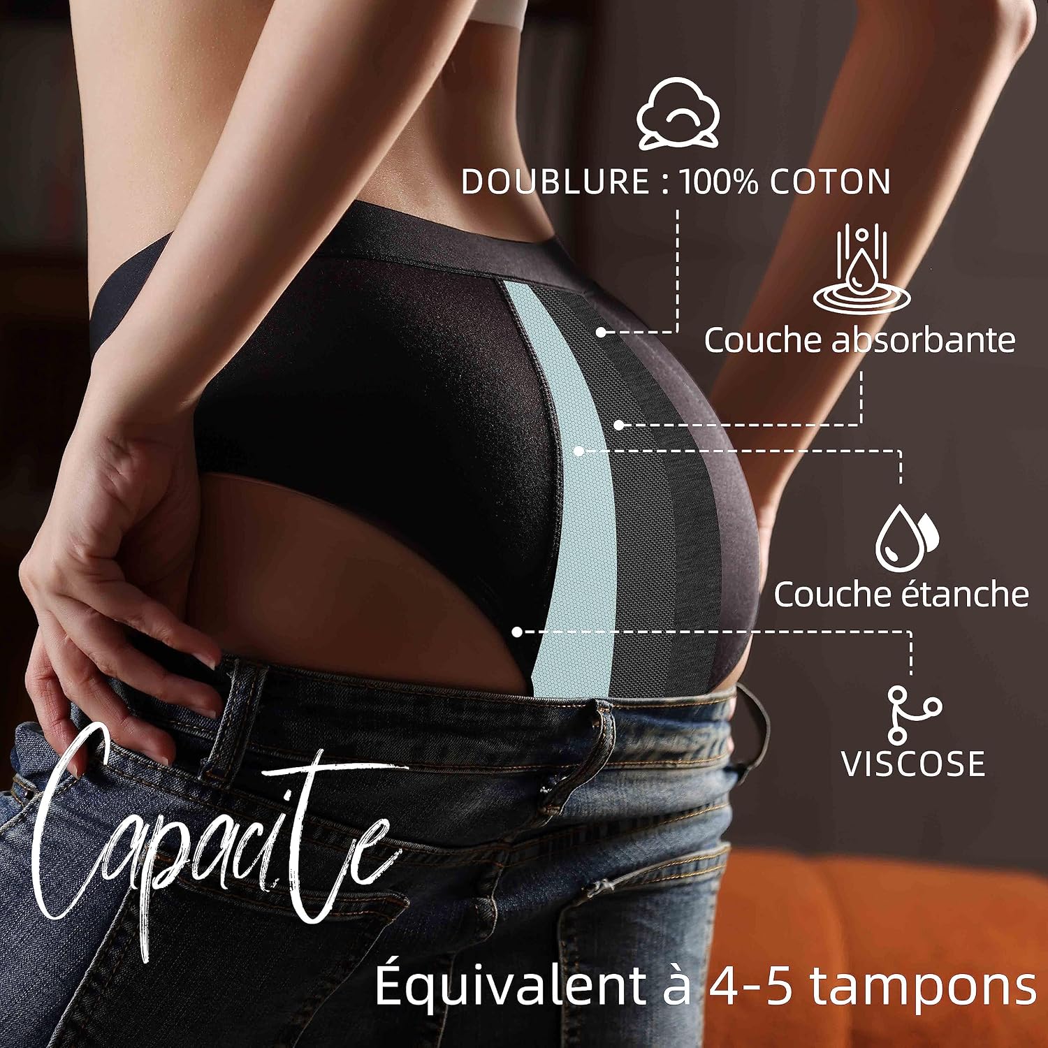 Detalle 2 de FOTOOL Culotte Menstruelle Absorbante – Solution réutilisable en coton pour flux léger à abondant