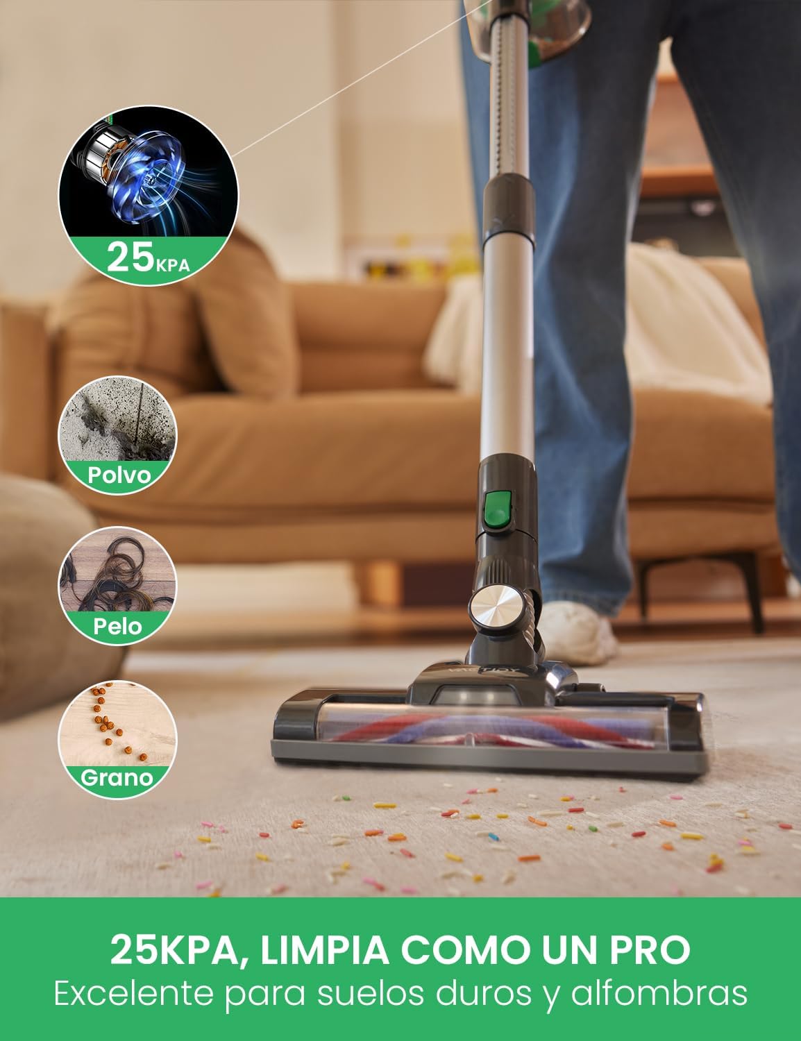 Detalle 2 de Vactidy V8 Aspiradora 200W, Verdes, Compacta y Potente