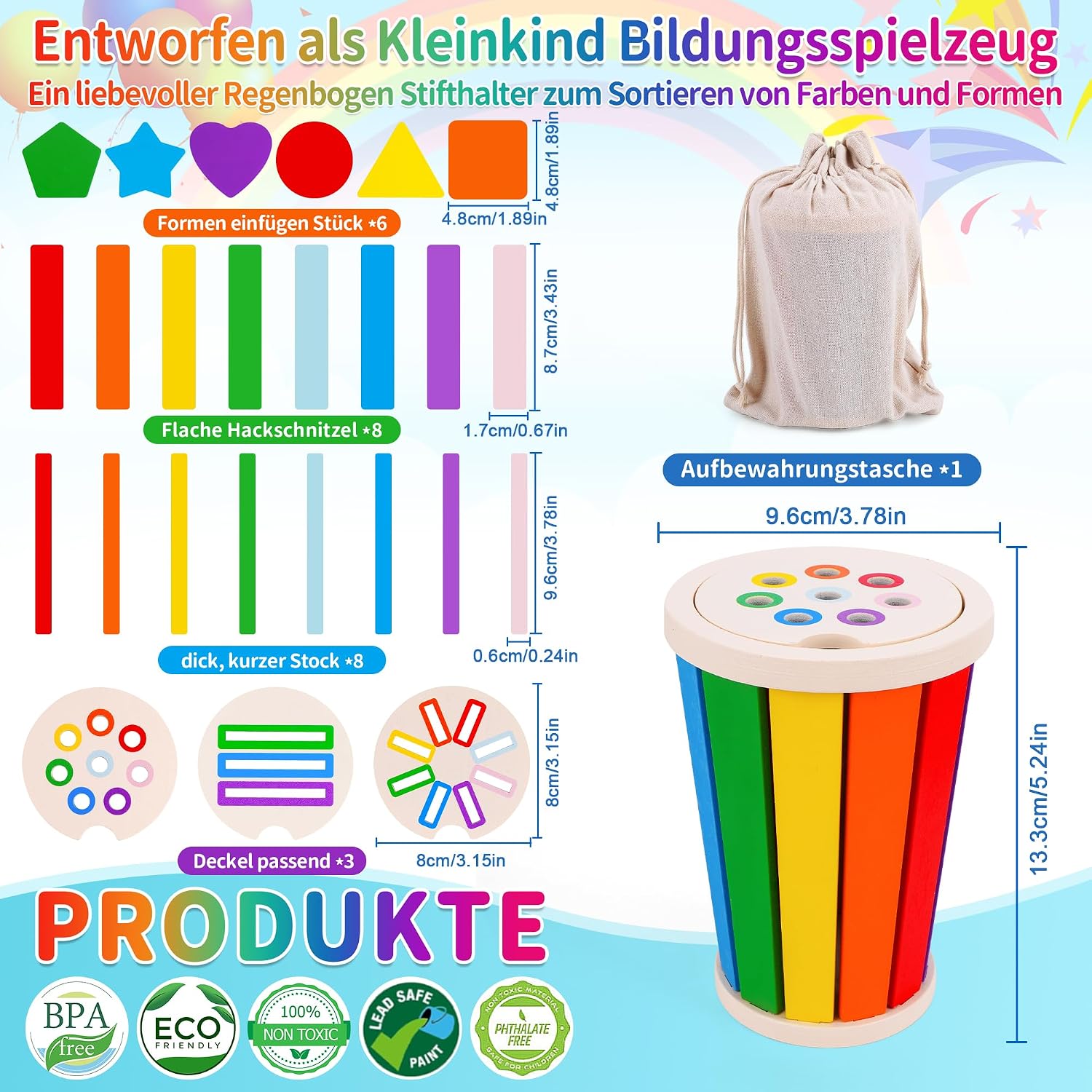 Detalle de FCSONU Montessori Steckspiel Regenbogenfarben & Formen (34-teilig) ab 1–3 Jahren