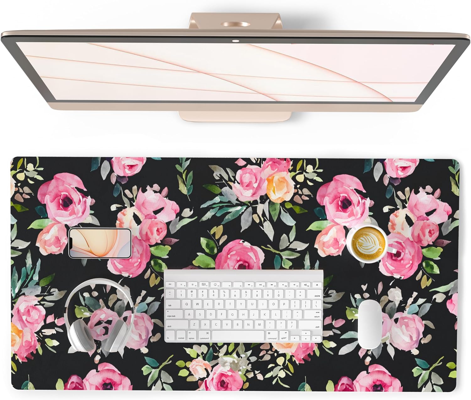 Detalle de QiyI DP-6141-PDP Large PU Leather Mouse Pad, Pink Roses, 31.5" x 15.7