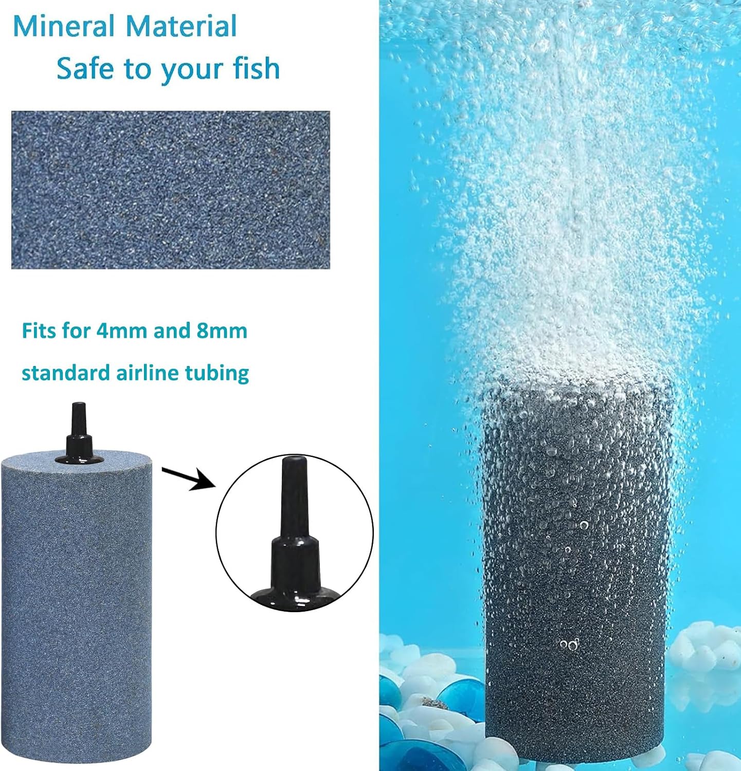 Detalle de YUDOTE Aquarium Air Stones 10cm – Large Aerator Bubble Diffuser (Grey, Pack of 2)